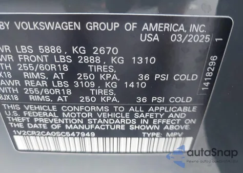 2025 Volkswagen Atlas 2.0T Peak Edition z USA, uszkodzony, nr VIN 1V2CR2CA0SC547949